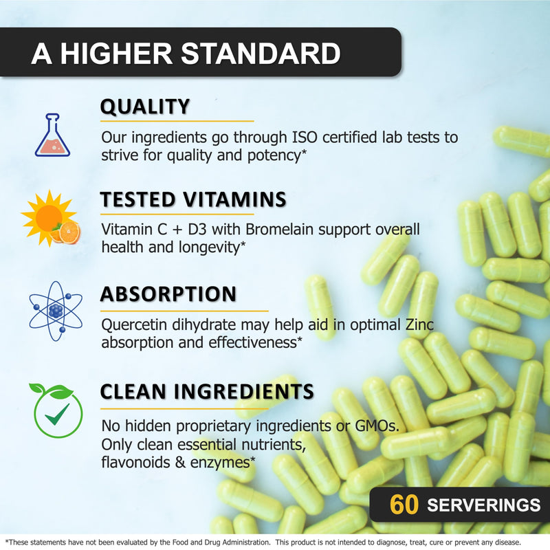 Zinc Quercetin 500mg with Vitamin C Vitamin D3 Bromelain Immune Support High Potency Quercetin Zinc Supplement ZQV by SPARTIS (Pack of 1 Bottle at 120-Caps) - BeesActive Australia