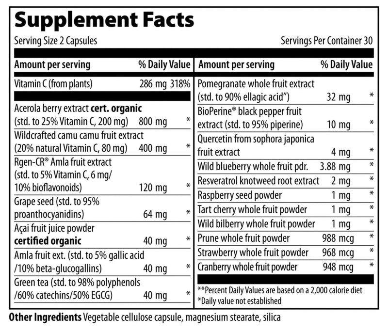 Vibrant Health Super Natural C Capsules, 120 mg, 60 Count | Vitamin C dietary supplement with 1600 ORAC per serving, daily immune support formula in easy-to-swallow servings Standard Packaging