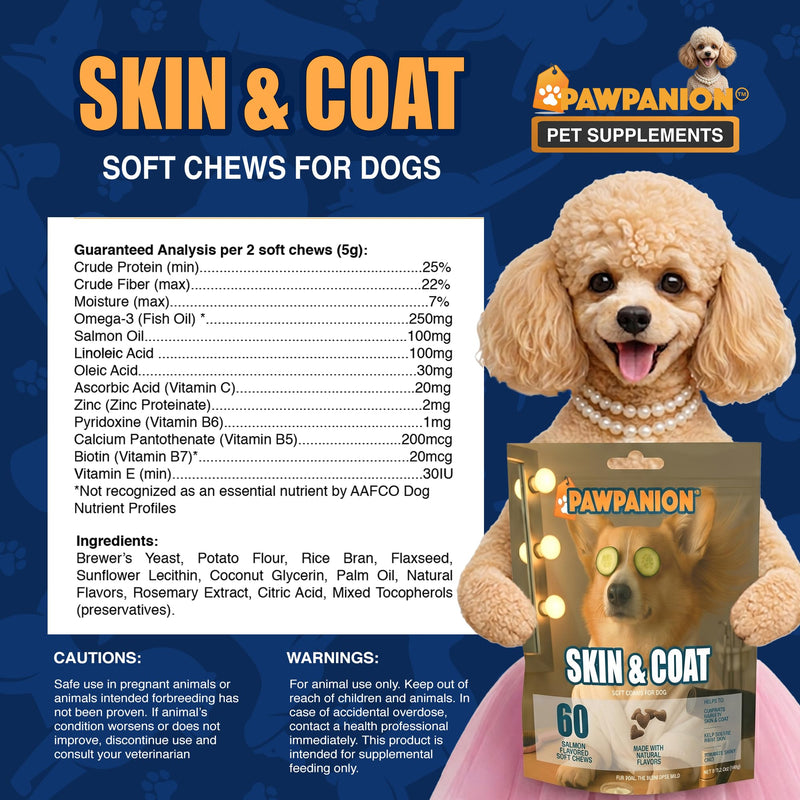 Skin & Coat Soft Chews for Dogs, Omega Fish Oil + Biotin + Vitamin E, Healthy Skin & Shiny Coat Support, Anti Shedding Formula, 60 Soft Chews Salmon Flavor Skin & Coat