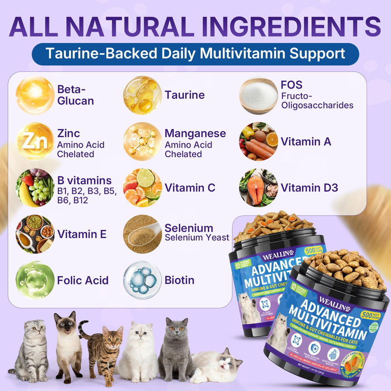 WEALLIN Taurine for Cats Vitamins Treats & Allergy Relief Chews for Cat Bundle, 2 x 500 Crunchy & Krill Core Chews for Heart Vision Immune Digestion Skin Coat & Itch Support