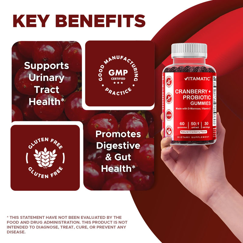 Vitamatic Cranberry + Probiotic Gummies with D-Mannose, 60 Gummies | 50:1 Extract, Supports Urinary Tract Health and Antioxidant*, Natural Cranberry Flavor, Non-GMO, Gluten Free 60 Count (Pack of 1)
