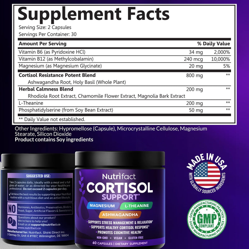Cortisol Reducer for Men & Women with Ashwagandha & Magnesium, Vegan | Cortisol Supplements for Women & Men - With Rhodiola, Holy Basil and B Vitamins; Non-GMO, Made in USA - 60 Capsules