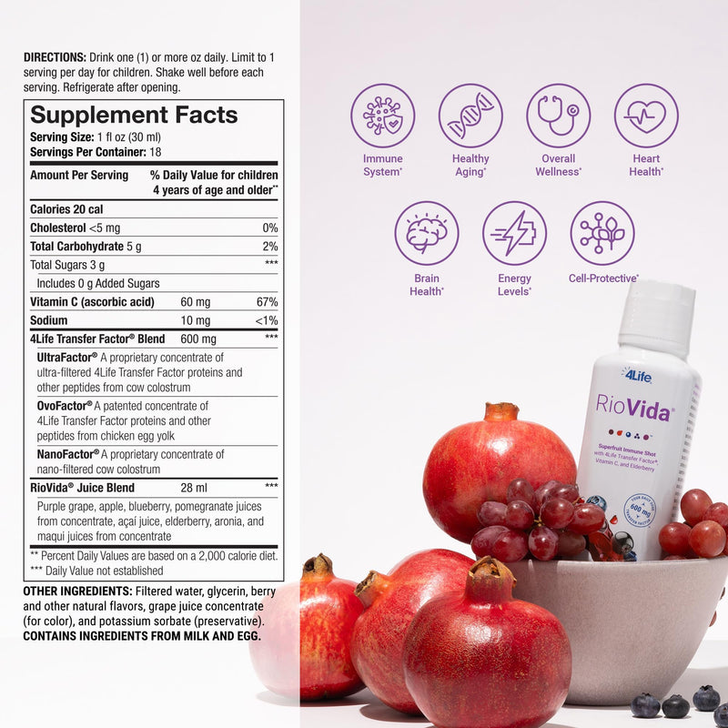 4Life Transfer Factor RioVida Superfruit Juice Immune Shot, 30 Servings | Acai, Pomegranate, Blueberry, Elderberry, Aronia, Maqui, Vitamin C, Superfruit juice blend, Cellular and immune support