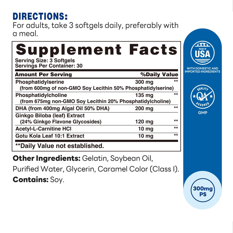Vitamin World Phosphatidylserine 300mg w/DHA & Ginkgo Biloba, 90 Softgels | 50% Standardized PS, Supports Brain Health, Cognitive Function, Memory & Focus, Neuroclear Gold Made with Non-GMO Soy