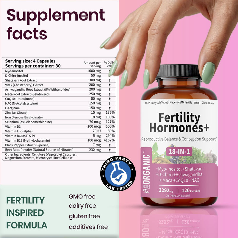 Women’s Fertility, Ovulation & Cycle Support for Reproductive Balance & Conception | Inositol Blend with Myo-Inositol, D-Chiro, Vitex & Shatavari | PCOS & Hormone Balance | Vegan, Non-GMO, 120 Caps Fertility Hormones+