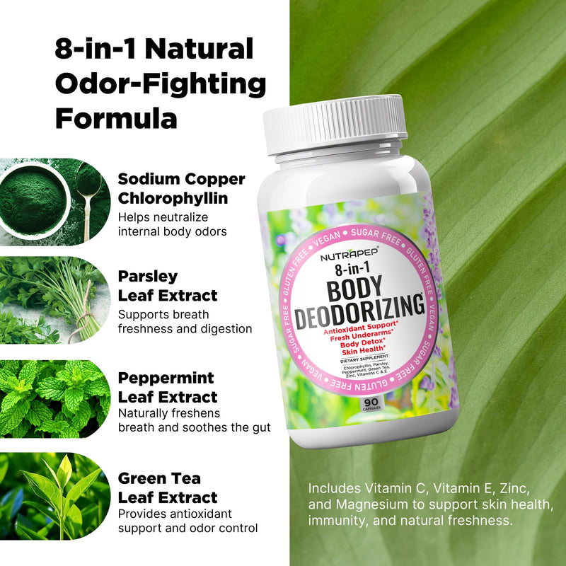 NutraPep Body Deodorizing Supplement - Odor Eliminator & Internal Deodorant Pills for Fresh Breath Skin Health & Detox - Full Body Deodorizer Capsules with Chlorophyll Complex Vitamins 90 Count (Pack of 2)