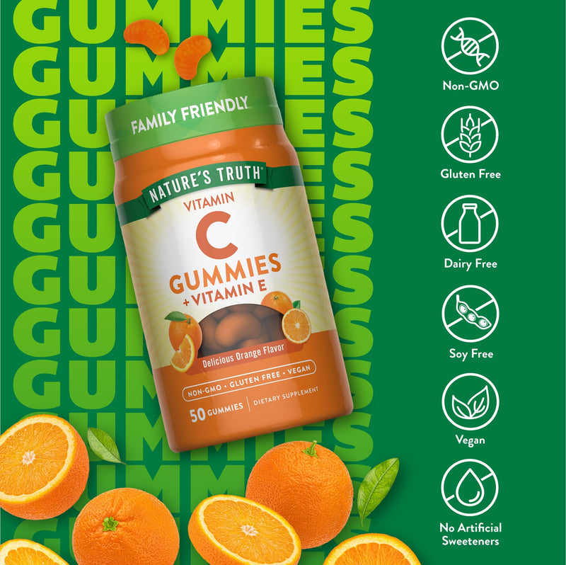 Nature's Truth Vitamin C Gummies | 50 Count | with Vitamin E | Orange Flavor | Vegan, Non-GMO & Gluten Free Supplement