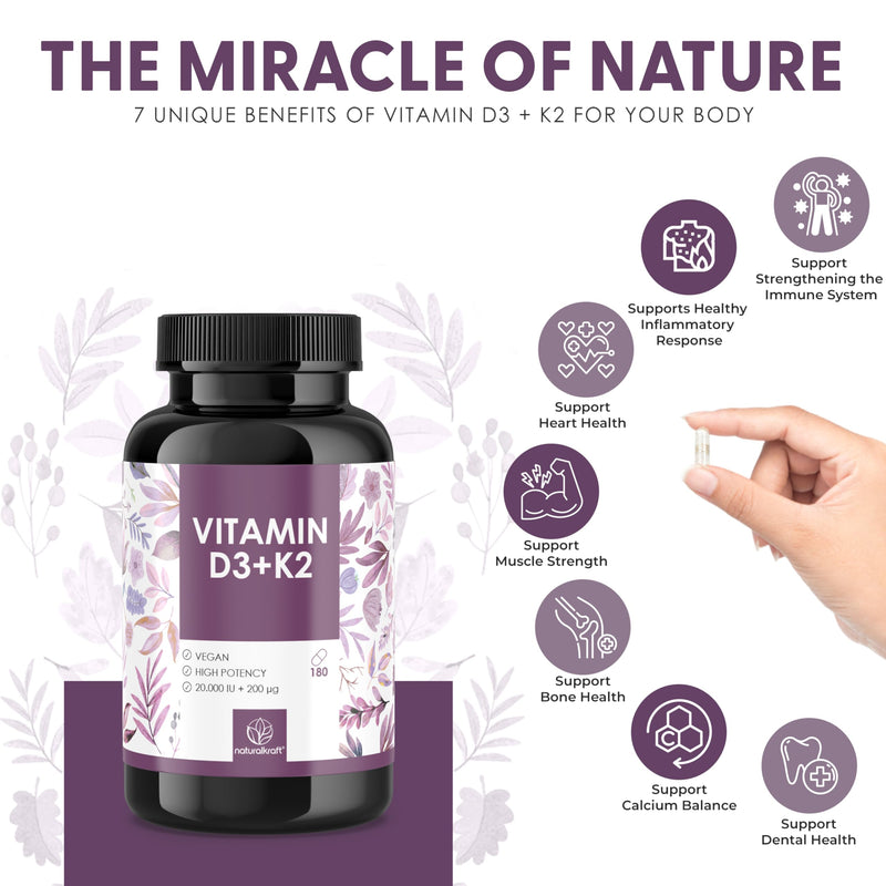 Premium Vitamin D3 + K2, 20,000 IU + 200 mcg, Depot (180 Capsules, High Strength & Vegan) – German Brand Quality