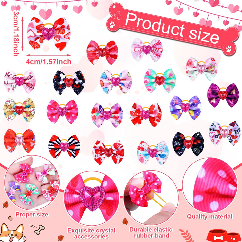Tondiamo 100 Pack Valentine's Day Dog Hair Bows with Rubber Bands Valentine's Day Puppy Bows Rhinestone Pet Hair Accessories Dog Bows Grooming for Small Girl Dogs (Heart Pattern) Heart Pattern - BeesActive Australia
