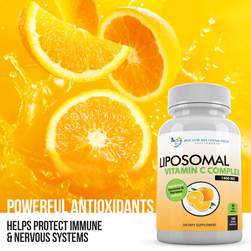Liposomal Vitamin C 1400mg Per Serving - High Absorption Ascorbic Acid, Lypo-Spheric Vitamin C Complex Immune Support Supplement w/ Powerful Antioxidants and Collagen Booster, (180 Veggie Caps 2 Pack) 180 Count (Pack of 2)