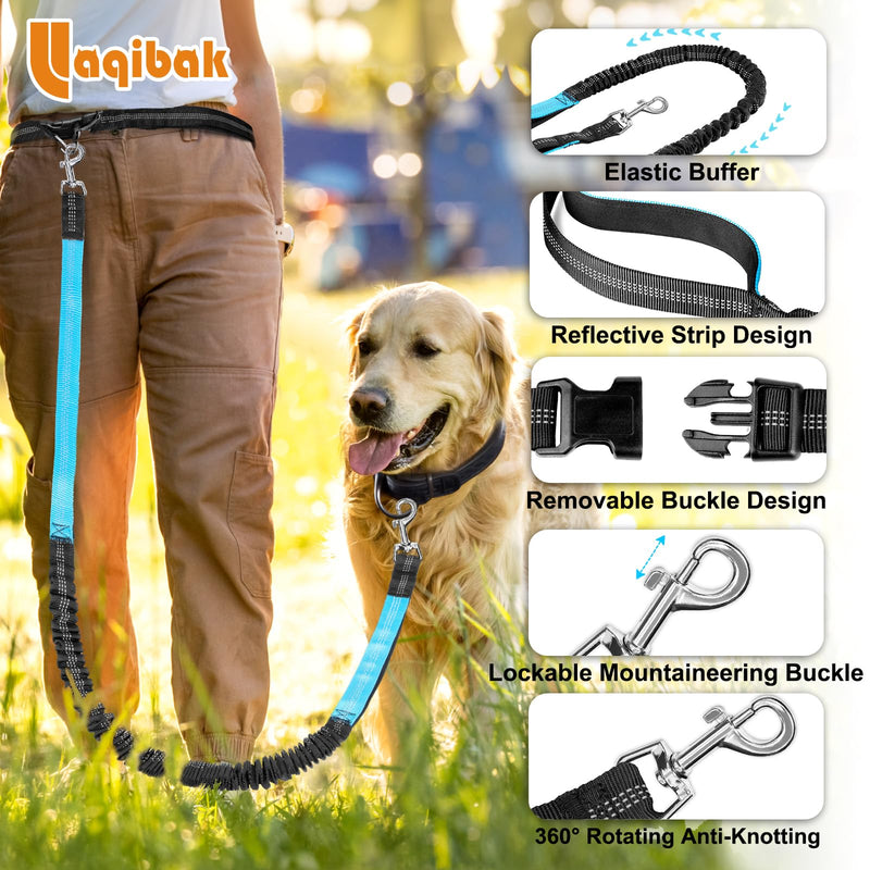 Laqibak Hands Free Dog Leash, Adjustable Waist Leash for Dog, Handle Bungee 4.2-6.7 Feet Long with Reflective Stitches for Walking Hiking Running, Fits 26"- 43" Waist, Black & Blue Black+Blue