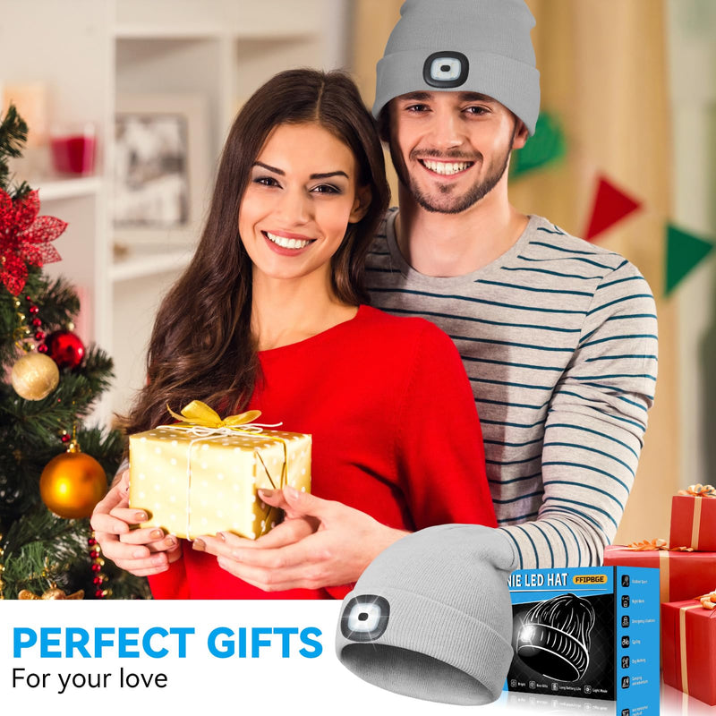 Gifts for Him, Beanie Hats with Light, USB Rechargeable LED Hand Free Headlamp, Fathers Day Dad Gifts, Birthday Gadgets for Men, Women, and Teens, Ideal for Camping, Hiking, 2 Pack, Grey Gray