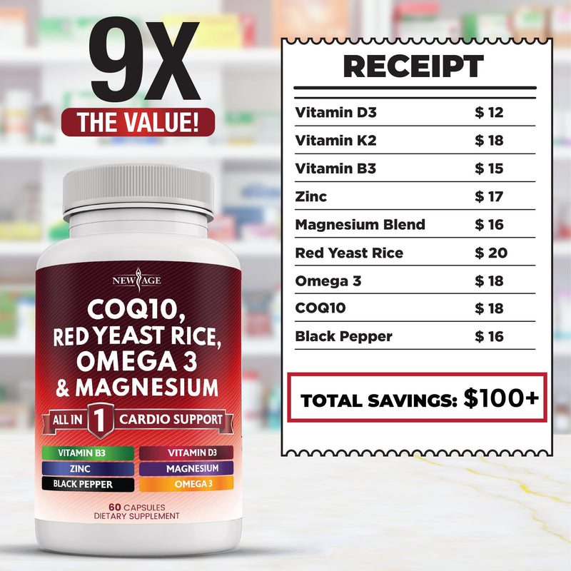 NEW AGE COQ10 200mg Red Yeast Rice, Omega 3, Magnesium Complex, Zinc Vitamin K2 D3 - Heart Health Support Vitamins for Women and Men with Vitamin B3, Coenzyme Q10-60 Count 60 Capsules (Pack of 1)