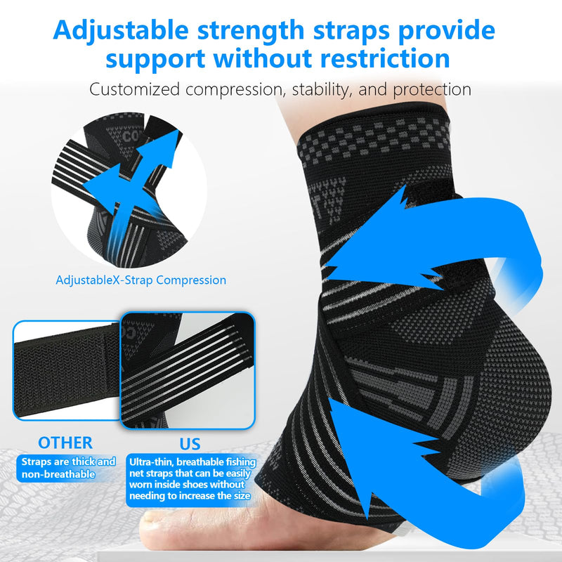 DRNAIETY Copper Ankle Brace for Men & Women - 1 Pair Adjustable Ankle Support Compression Sleeve for Plantar Fasciitis, Achilles Tendonitis, Foot Pain, Swelling, Sprains - Everyday Use (Black,L) Large Black