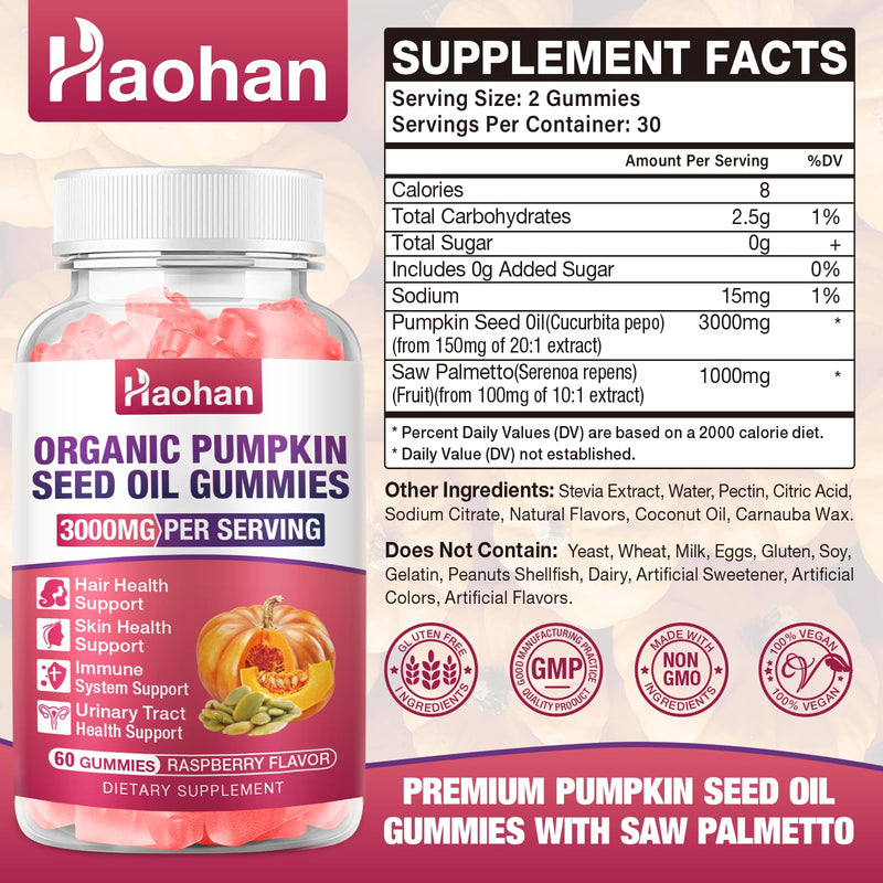 Haohan Pumpkin Seed Oil Gummies with Saw Palmetto for Hair Growth in Women & Men - Organic Hair Skin & Nails Supplement with High-Purity Extract - Sugar-Free, Non-GMO, Raspberry Flavor, 60 Count