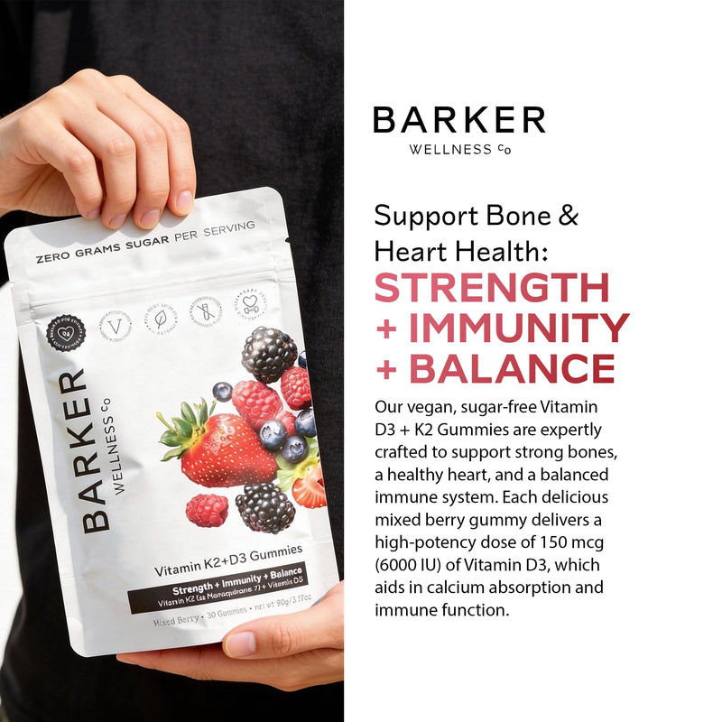 Barker Wellness D3 K2 Vitamin Gummies – Max Potency 6000IU D3 + 200mcg K2 for Strong Bones, Cardiovascular Wellness, Immune Support | Vegan, Sugar-Free, Delicious Mixed Berry | 30 Servings