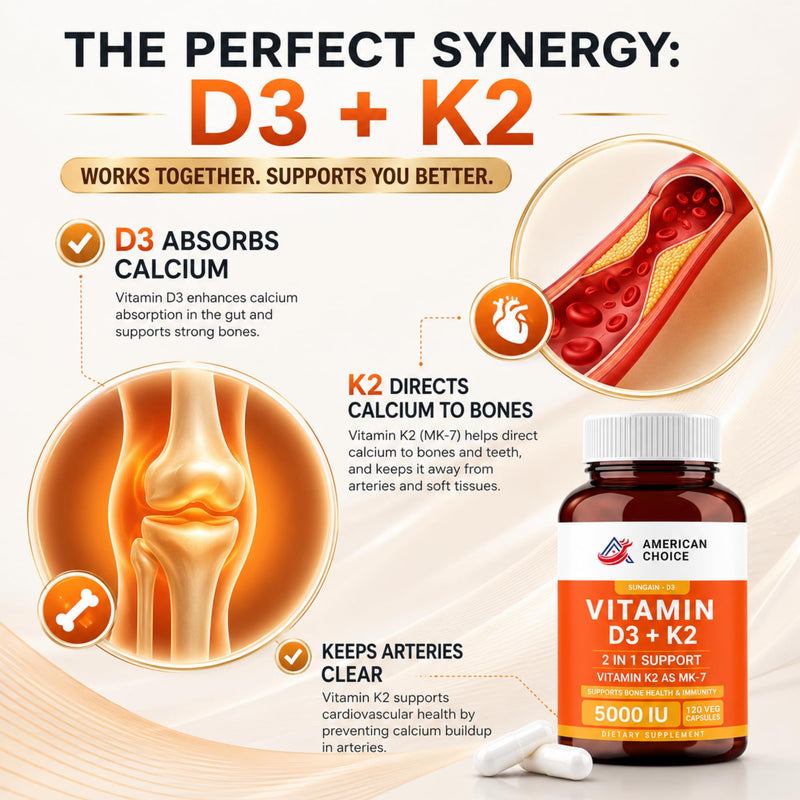 Vitamin D3 K2 5000 IU Supplement, Enhanced Bone, Heart & Immune Support - Supports Calcium Absorption, Non-GMO, Gluten-Free 100mcg K2-120 Veg Capsules