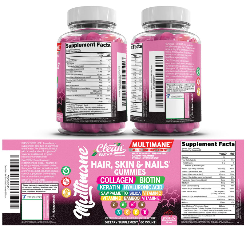 Clean Nutraceuticals Biotin Collagen Keratin Gummies | Hair Skin and Nails Vitamins for Women | Hyaluronic Acid Bamboo Vitamin A C D3 E Folate with Saw Palmetto Silica B3 B12 Vegan Gummy 2