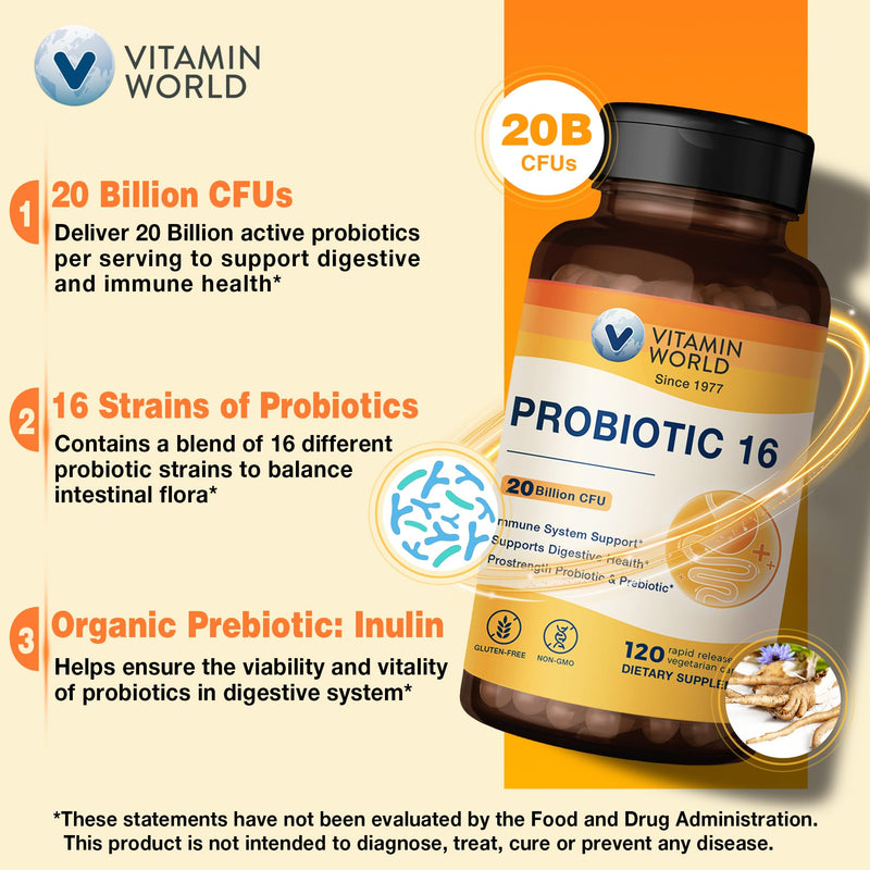 Vitamin World Probiotic 16, 20 Billion CFU, 16 Strains with Prebiotic Fiber | Digestive & Immune Health, Probiotics for Women & Men, Non-GMO, Gluten Free, 120 Veggie Capsules, 60 Day Supply