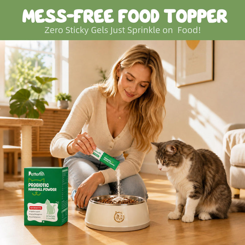 PETTERM Cat Hairball Remedy Powder & Food Topper - Petroleum-Free Digestion Support with 6B Probiotics & Slippery Elm - Mess-Free Paste Alternative for Indoor Cats, 30 Sachets
