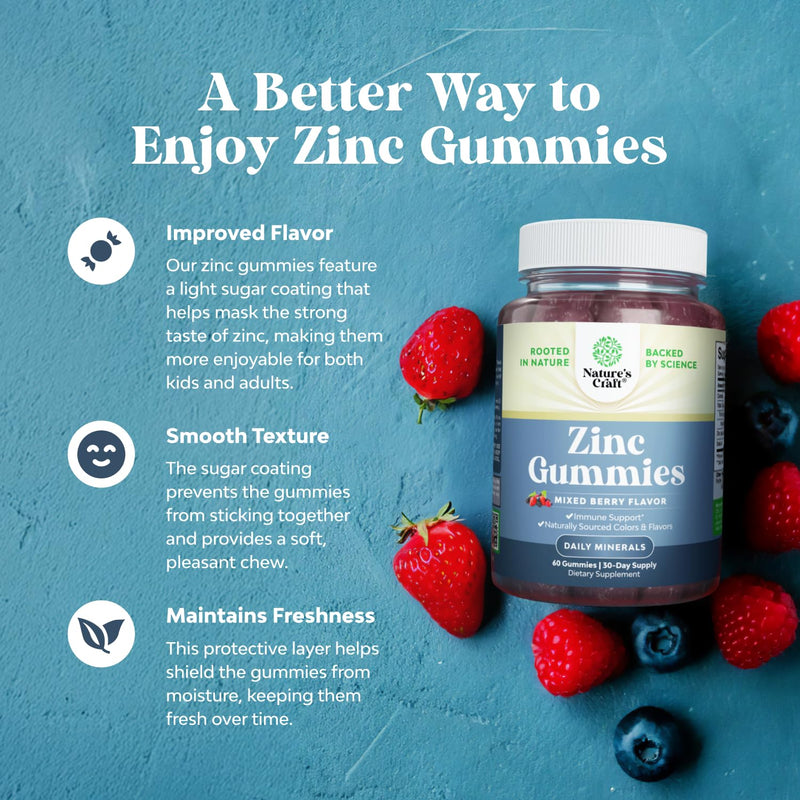 Extra Strength Zinc Gummies for Adults - Chewable Zinc Supplements for Women & Men for Energy & Immune Support - Vitamins & Mineral Supplements - 60 Count Mixed Berry 60 Count (Pack of 1)