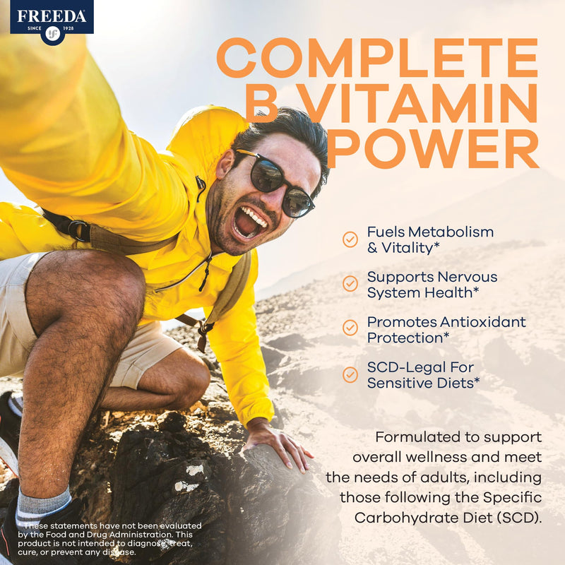 FREEDA Vitamin B Complex with Vitamin C & Zinc – 60 Capsules | Supports Energy & Metabolism with Active B12, Methylfolate, B1–B6, Biotin, Choline - Vegan, Kosher, SCD Legal 60 Count (Pack of 1)