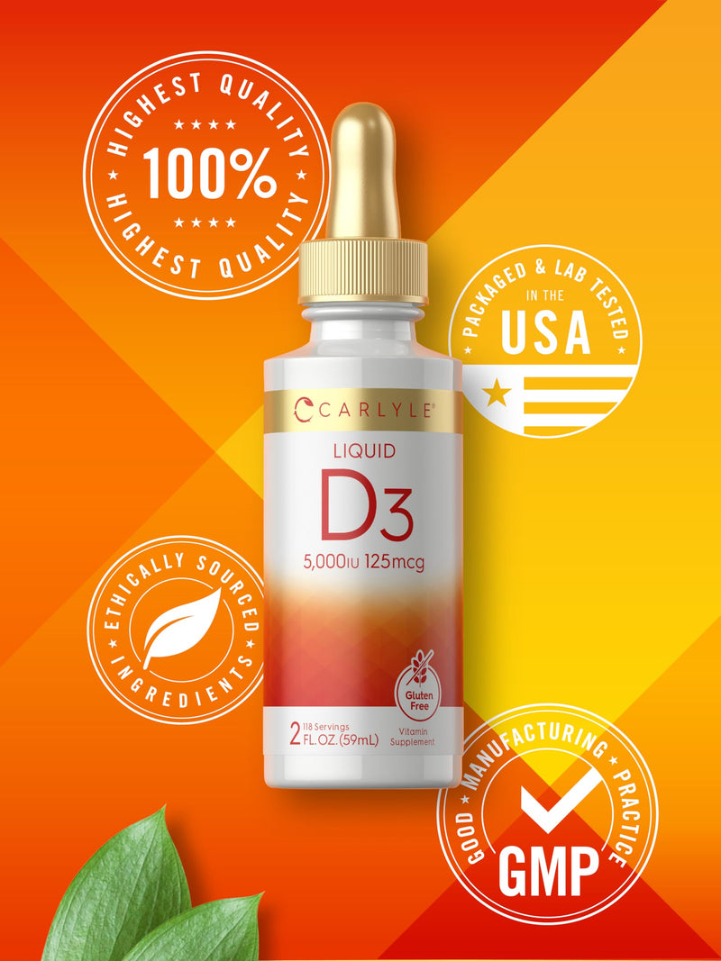 Carlyle Liquid Vitamin D3 | 5000 IU (125 mcg) | 2 oz | Vegetarian, Non-GMO, and Gluten Free Supplement | Vitamin D Liquid Drops for Adults 2 Fl Oz (Pack of 1)