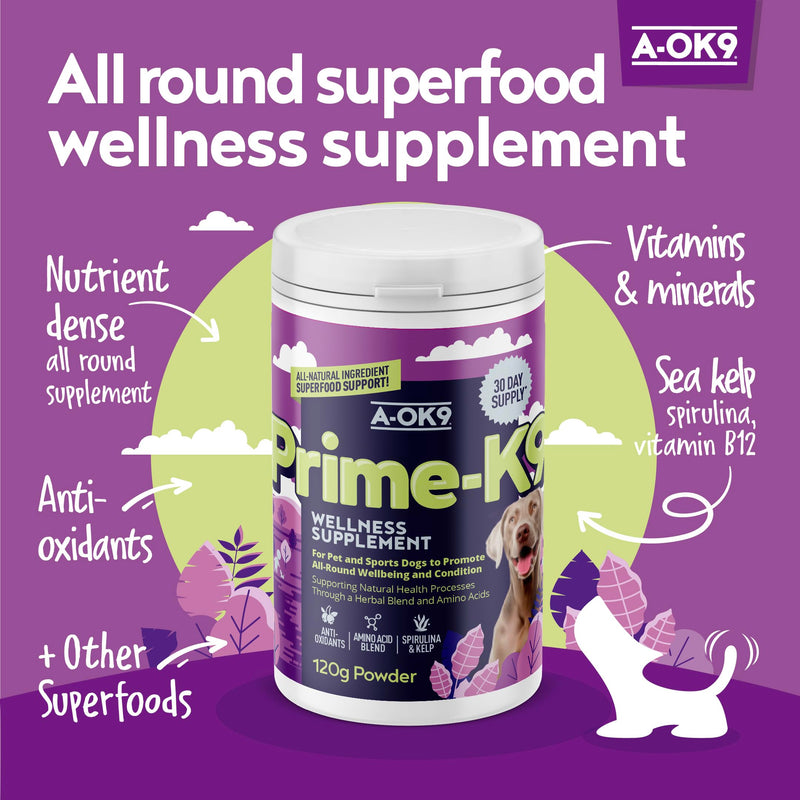 Prime-K9 Wellness Supplement for Dogs - Pot of 120g Powder - Promotes All-Round Wellbeing & Condition - Natural Ingredients - Vitamins for Dogs - All Ages & Breeds 120 Grams