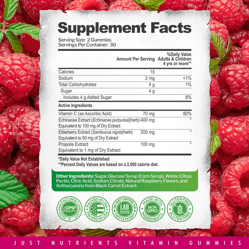 Elderberry Gummies with Vitamin C, Echinacea, Propolis (60 count) | Immune Support for Adults & Kids - Maximum Strength, Great Tasting Raspberry Flavor - Gluten-Free, Vegan 60 Count (Pack of 1)