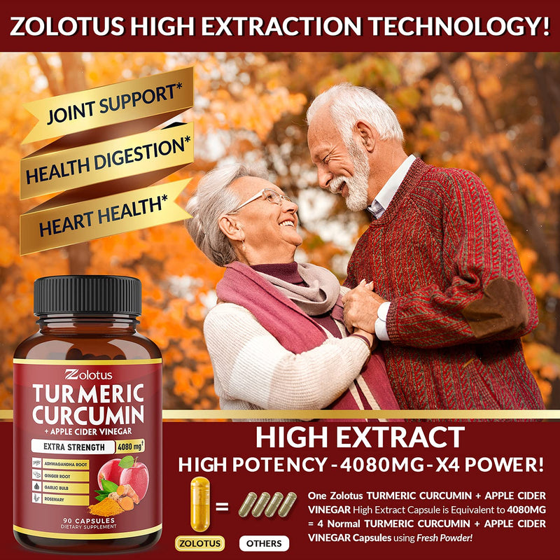 7 in 1 Turmeric Curcumin + Apple Cider Vinegar Capsules, Equivalent to 4080mg, 3 Month Supply with Ashwagandha, Ginger, Garlic Bulb, 95% Standardized Curcuminoids, Joint & Absorption Support - BeesActive Australia