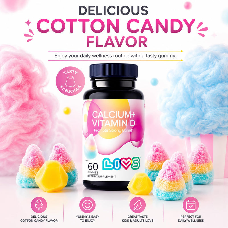 LIVS Calcium & Vitamin D3 Gummies for Adult & Kids – 170mg + 1000 IU D3 Supplement for Immune Support, Bone & Teeth Health – Cotton Candy Flavor – Gluten-Free – 60 Count/30 Servings Calcium & Vitamin D 60 Count (Pack of 1)
