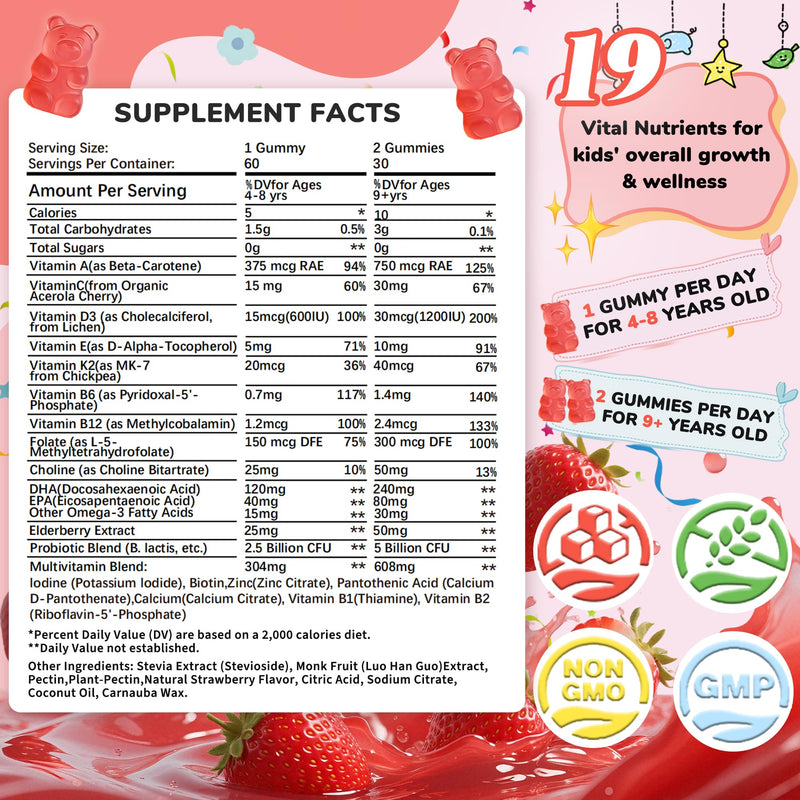 (2 Pack) Methylated Multivitamin Kids Gummies + Omega3, Methylfolate & B12, Calcium, Probiotics, Elderberry, for Kids & Teens, for Growth, Immune, Bone, Brain, Focus, No Sugar - 120 Count 60 Count (Pack of 2)