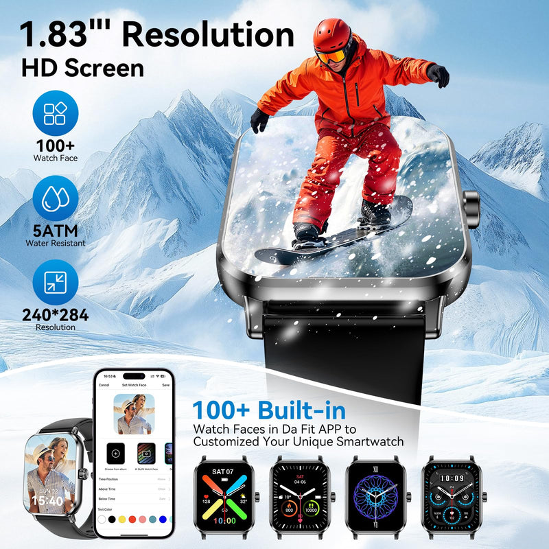 Smart Watches for Men Women, 1.83" HD Touchsreen, Bluetooth Calling, 5 ATM Water-Resistance, 130+ Sports Modes, Health, Fitness & Sleep Tracker, Timer, Pedometer, Fitness Watch for Android/iOS, Black - BeesActive Australia