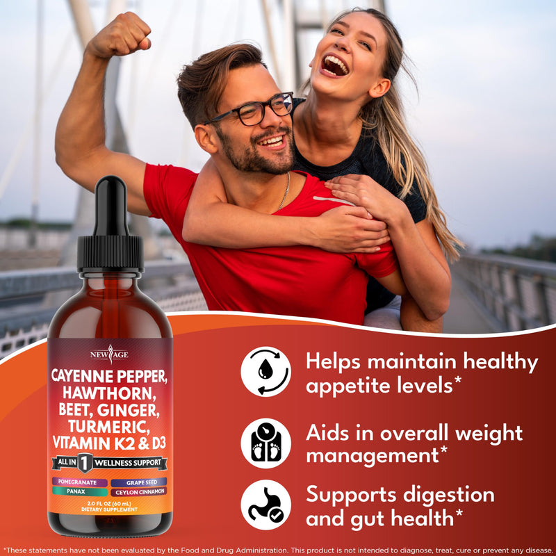 Cayenne Pepper Supplement Liquid Drops + Hawthorn Berry, Vitamin D3 K2 Beet Root Powder, Ceylon Cinnamon, Turmeric Curcumin, Organic Panax Ginseng - 4oz 2 Fl Oz (Pack of 2)