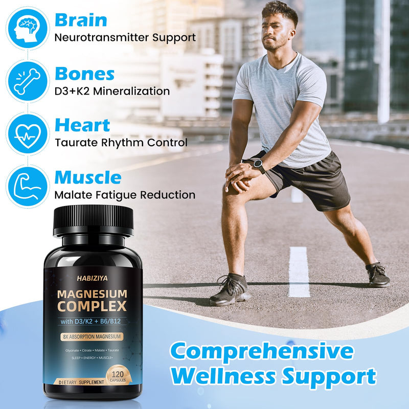 (Pack of 2) Magnesium Complex Supplement 600mg with with D3 K2 MK7 & B Vitamins High Absorption Capsules with Glycinate, Citrate & Malate,Taurate Relaxation,Muscle,Heart Support, Vegan 120 Capsules 120 Count (Pack of 2)