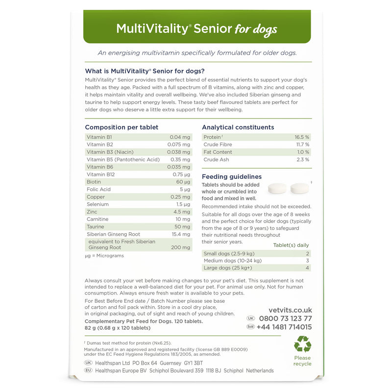 Multivitamin Senior (120 tablets) | Senior Advanced multivitamin for older dogs | Boosts energy and wellbeing | 15 essential nutrients | For energy, heart, joints and vitality
