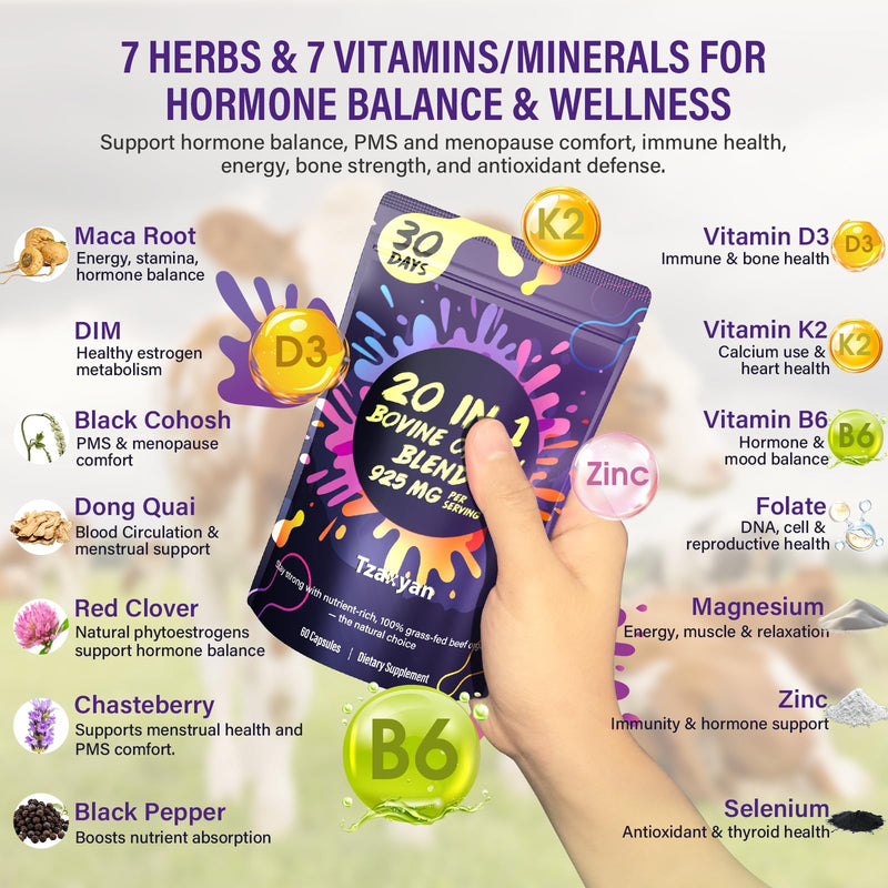 20-In-1 Beef Organ Supplement for Women, 925MG Grass Fed Beef Liver, Uterus, Ovary & 3 more with Maca, DIM, Black Cohosh, Vitamin & Mineral, Bovine organ Capsules for Hormone Balance, Energy, 30 Days Beef Organ & Herbal 60 Count (Pack of 1)