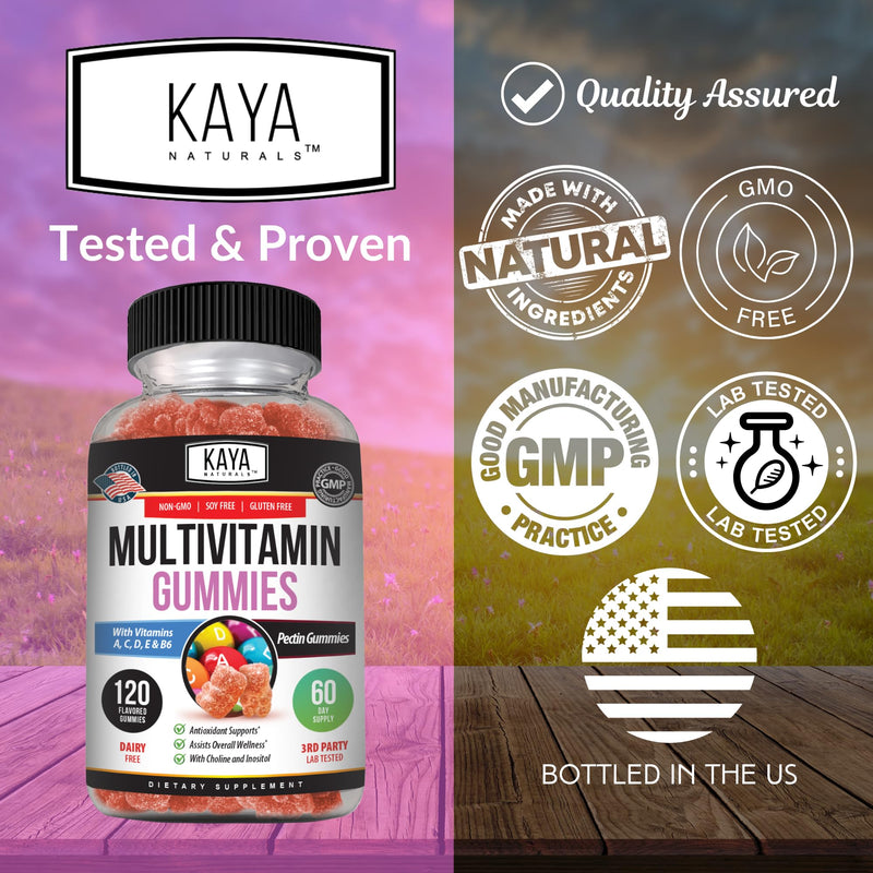 Kaya Naturals Adult Multi Vitamin Gummy, 120 Count, Biotin, Vitamin A, B-12, C & E, Including Zinc, Folic Acid, Strawberry Flavor (120 Gummies) 120 Count (Pack of 1)