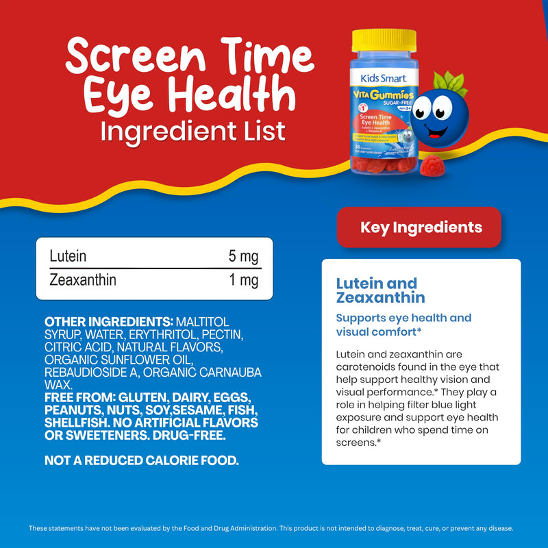 KIDS SMART Screen Time Eye Health Lutein Gummies, Vision Support, Kids 3+ | Lutein, Zeaxanthin + Vitamin A, Sugar-Free Vegan Gummies, Filters Blue Light from Screens, Supports Vision & Eyes, 30 Count