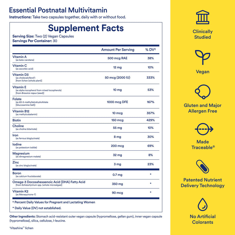 Ritual Women's Postnatal Multivitamin - 60 Capsules - 30 Servings | Key Essential Vitamins and Minerals - Support Mom and Baby Postpartum, Throughout Lactation* - Choline, DHA - Vegan - Mint 60 Count (Pack of 1)