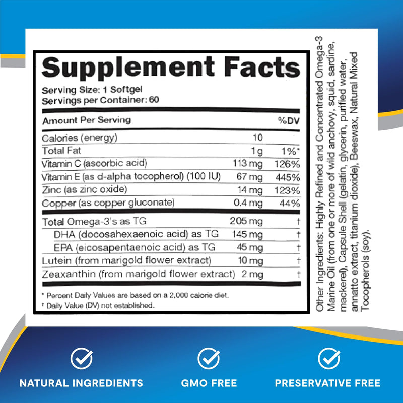 Lipotriad Adult 50+ Eye Vitamin and Mineral Supplement, 60 Softgels | Daily Eye Vitamin with 10 mg Lutein, Zeaxanthin, Omega 3, Vitamin C, E, Zinc & Copper (60-Day Supply) 60 Count (Pack of 1)