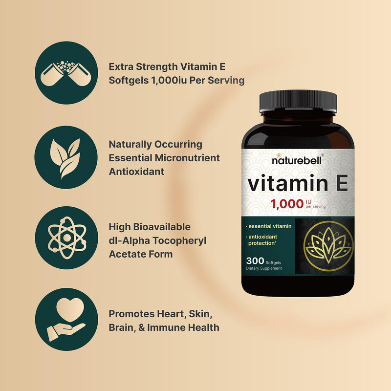 NatureBell Vitamin E Oil Softgels, 1,000 IU Per Serving, 300 Pills | Essential Antioxidant Supplements, Easily Absorbed Form – Supports Skin, Heart, & Immune Health – Non-GMO - BeesActive Australia