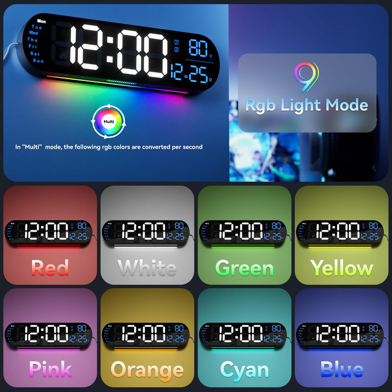 ANALOI Digital Wall Clock Large Display, 13.7 inch Large Digital Wall Clock with RGB Color Changing Remote Control, Date Week Temperature DST, Auto Brightness Dimmer Big Clock with Night Lights Blue - BeesActive Australia