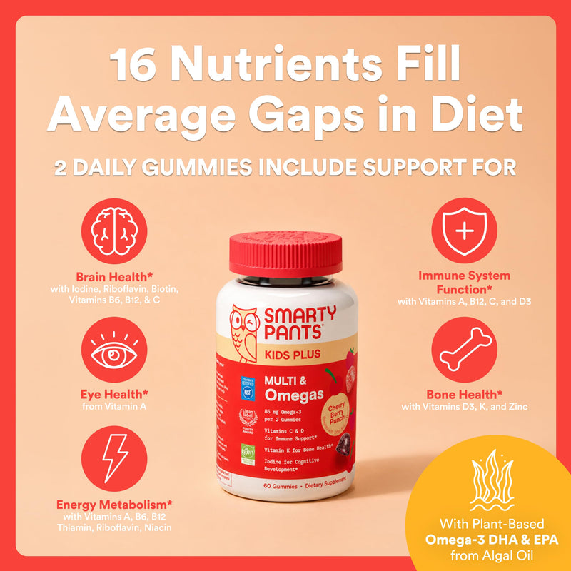 SmartyPants Kids Multivitamin Gummies with Omega 3 DHA/EPA, Vitamins D3, C, B12, B6, A, K, and Zinc, Gluten Free, Clean Label, Cherry Berry Flavor, 60 Gummies (30 Day Supply) 1 Count (Pack of 1) Cherry Berry - 30 Day Supply