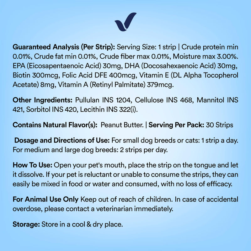 Pet Skin & Coat Oral Strips for Dogs & Cats – 60 Strips, Omega-3, Biotin, Folic Acid, Vitamin A & E – Shedding & Itching Supplement – Fast-Dissolving Oral Strips – Peanut Butter Flavor Pack of 2 (60 Count)