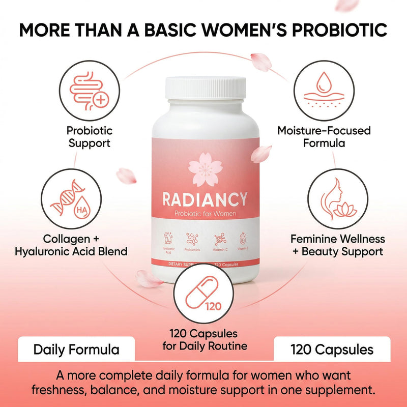 Radiancy Probiotic for Women Vaginal Health, Vaginal Probiotics for Dryness & Ph Balance, Cherry Blossom Extract, Hyaluronic Acid, Probiotics, Vitamin C, 120 Ct 1