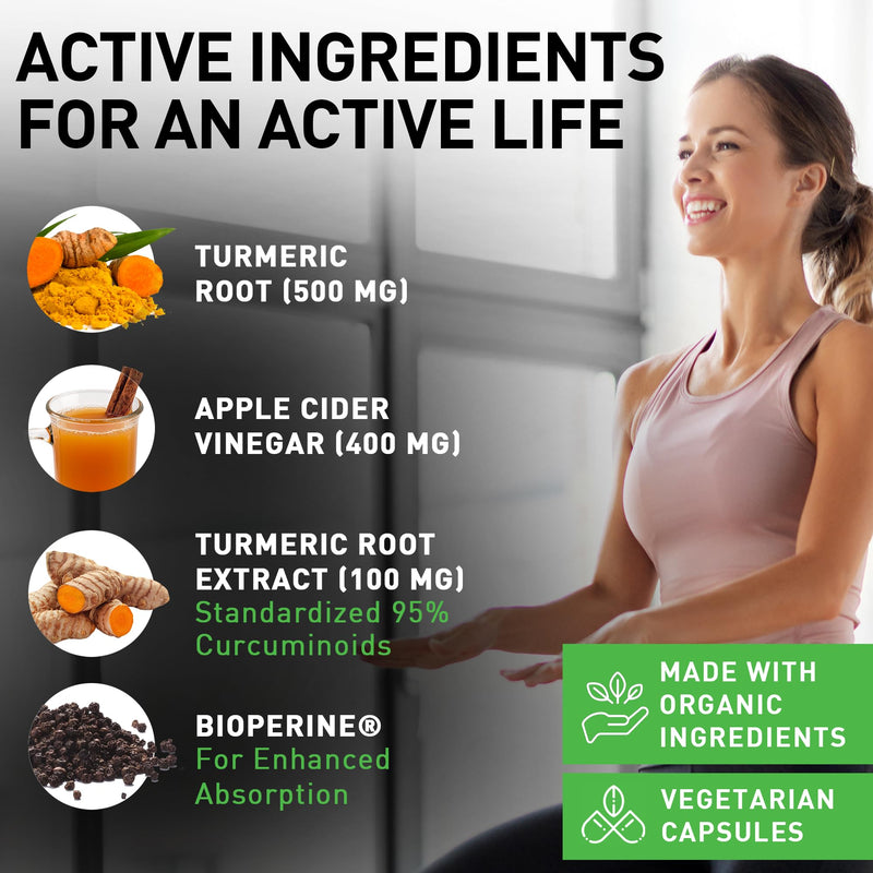 120 Capsules of USDA Organic Turmeric Root Powder, USDA Organic Ginger Powder and Apple Cider Vinegar Powder with Curcumin (95% Curcuminoids) and Bioperine, 1410 mg per Serving in Veggie Capsules 120 Count (Pack of 1) - BeesActive Australia