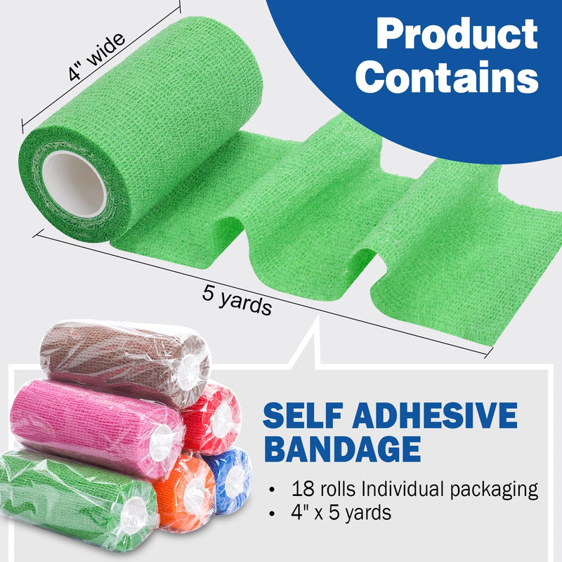 AZEN 18 Pack Self Adhesive Bandage Wrap, 4" X 5 Yards Elastic Cohesive Bandage Wrap, Color Athletic Tape, Tattoo Grip Tape Wra, Ankle Tape, Vet Wrap A-18color 4 Inch - BeesActive Australia