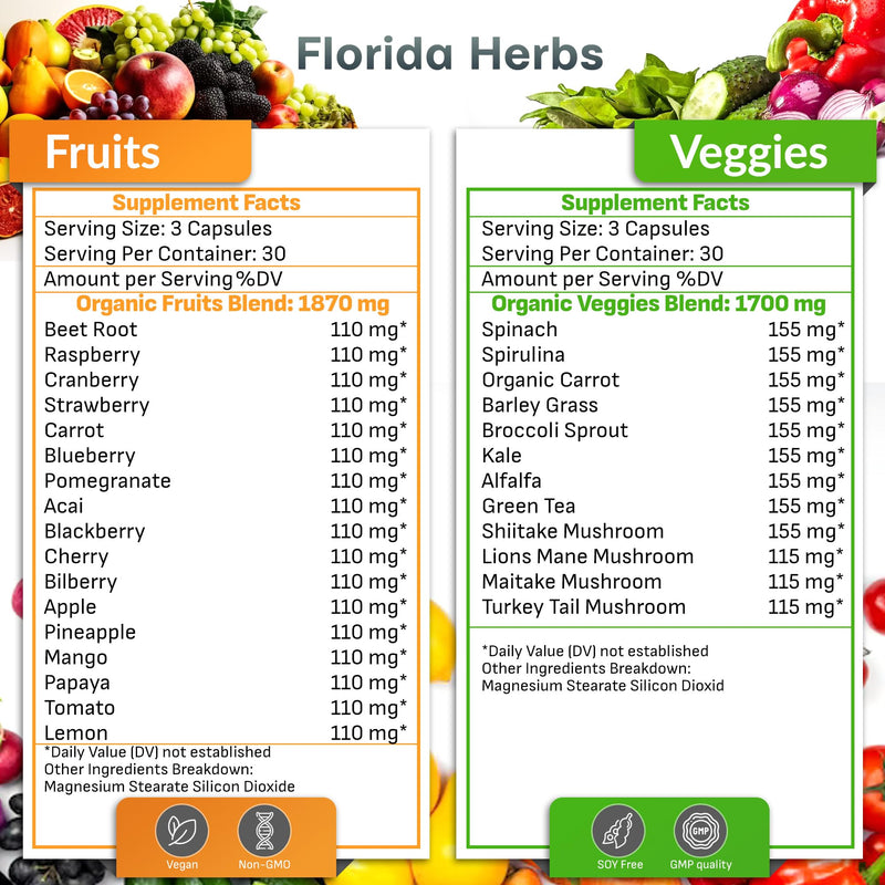 Fruits and Vegetables Supplement - 90 Fruit and 90 Veggie Capsules - Nature Vitamins, Balance of Fruits and Veggies Supports Energy Balance, Soy Free, Vegan Capsules - 90 Count (Pack of 2) 90 Count (Pack of 2)