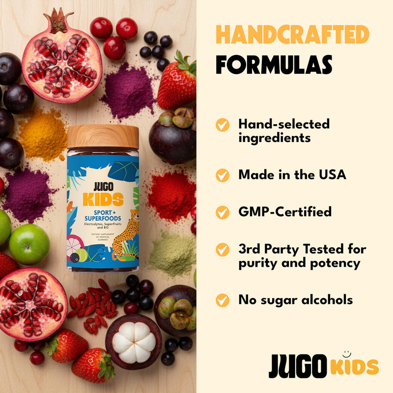 JUGO Kids Sport + SUPERFOODS Electrolyte Gummies for Sports Hydration and Daily Play with Super Fruits, Vitamin B12, and Potassium, Gluten-Free, Non-GMO, Tropical Flavor, 50 Count